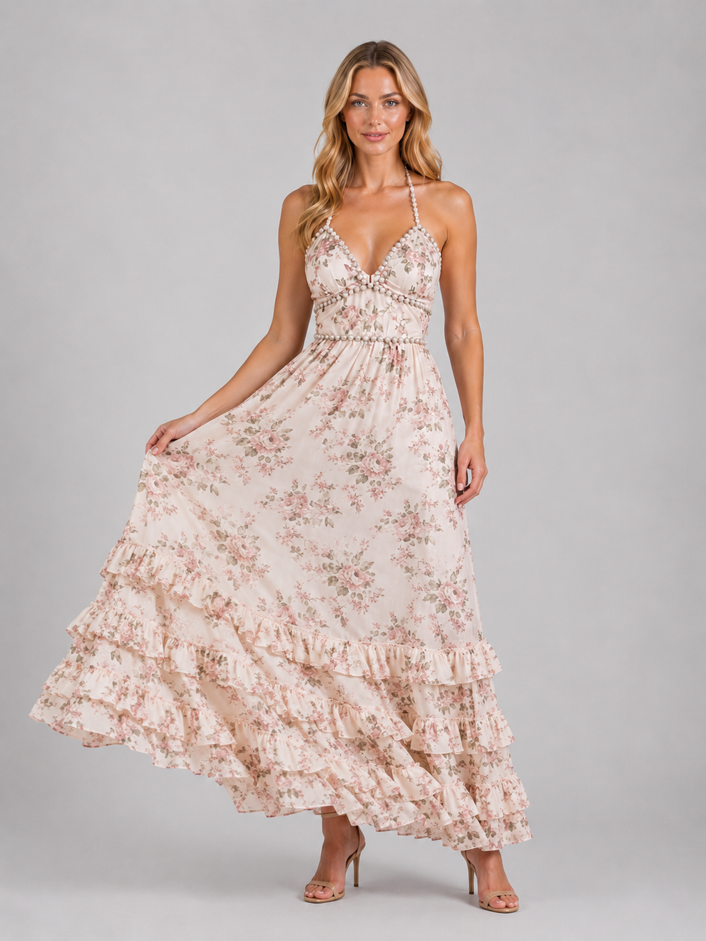 Luna | Women's Floral Print Maxi Dress | Halter Neck Ruffle Hem-Women Dress-Pick NewYork
