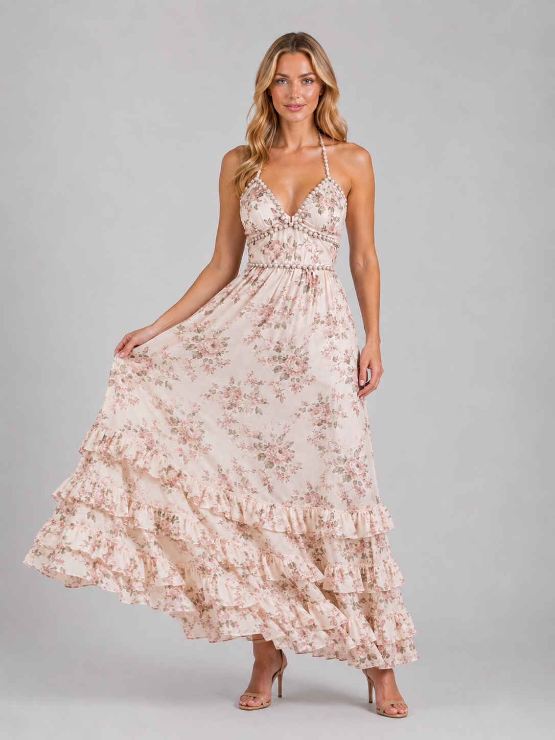 Luna | Women's Floral Print Maxi Dress | Halter Neck Ruffle Hem-Women Dress-Pick NewYork