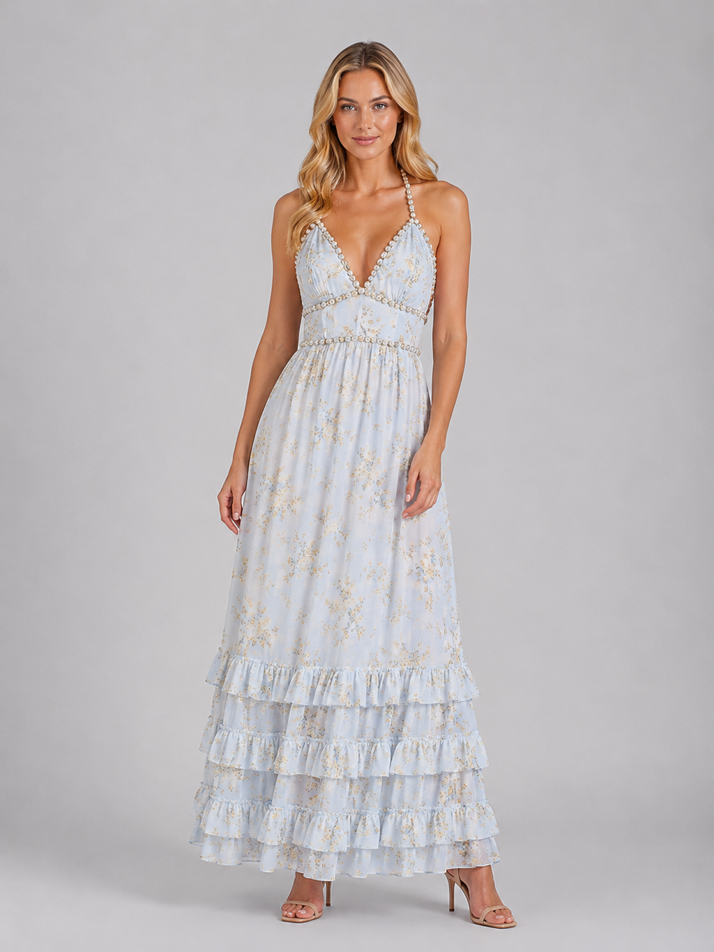 Luna | Women's Floral Print Maxi Dress | Halter Neck Ruffle Hem-Women Dress-Pick NewYork