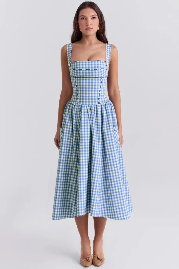 Madeline | Women’s Gingham Midi Dress | Square Neck Garden Party-Women Dress-Pick NewYork