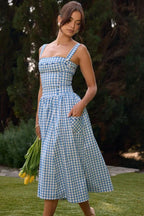 Madeline | Women’s Gingham Midi Dress | Square Neck Garden Party-Women Dress-Pick NewYork