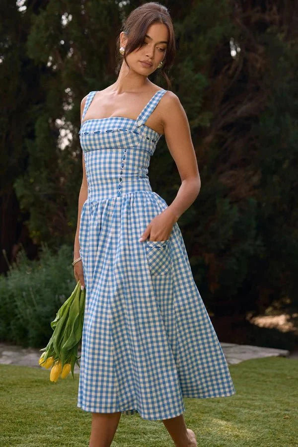 Madeline | Women’s Gingham Midi Dress | Square Neck Garden Party-Women Dress-Pick NewYork