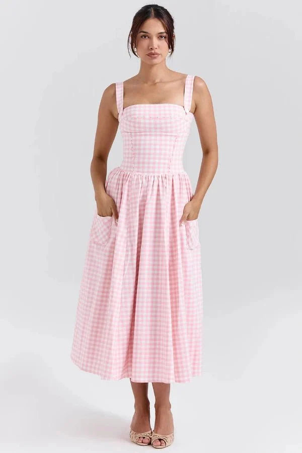 Madeline | Women’s Gingham Midi Dress | Square Neck Garden Party-Women Dress-Pick NewYork