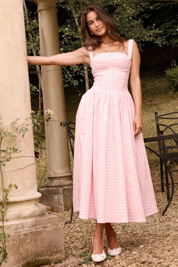 Madeline | Women’s Gingham Midi Dress | Square Neck Garden Party-Women Dress-Pick NewYork