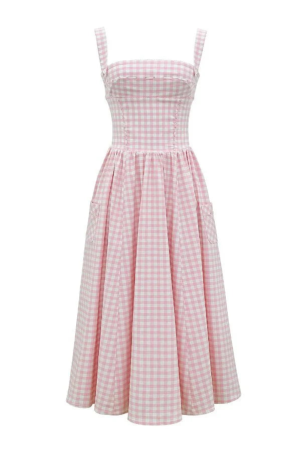 Madeline | Women’s Gingham Midi Dress | Square Neck Garden Party-Women Dress-Pick NewYork