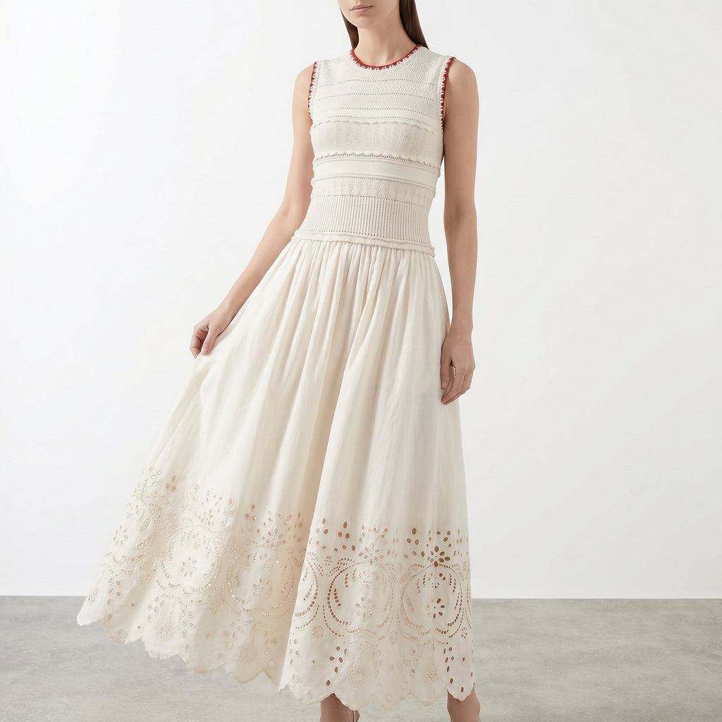Marielle | Women's Sleeveless Midi Dress | Eyelet Hem Garden Party Dress-Women Dress-Pick NewYork