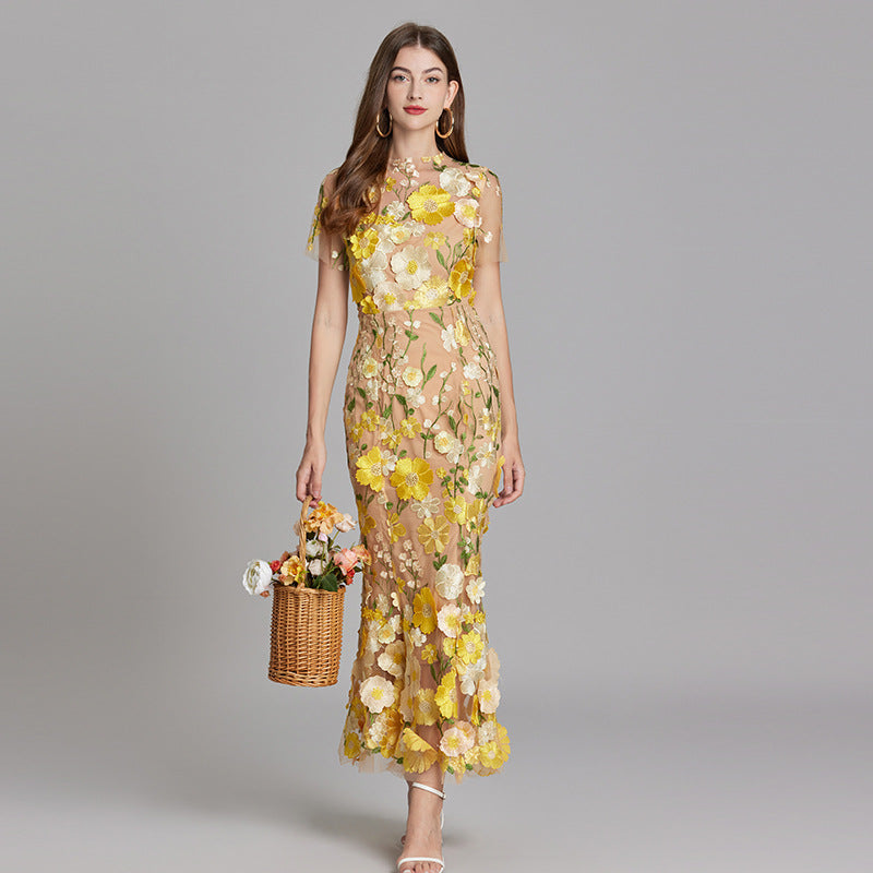 Marigold | Women's Floral Applique Maxi Dress | Wedding Guest-Women Dress-Pick NewYork