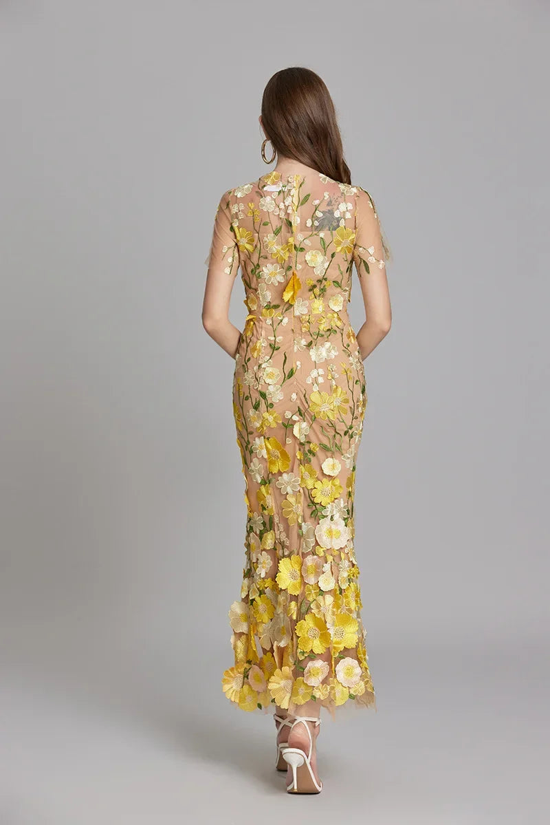 Marigold | Women's Floral Applique Maxi Dress | Wedding Guest-Women Dress-Pick NewYork