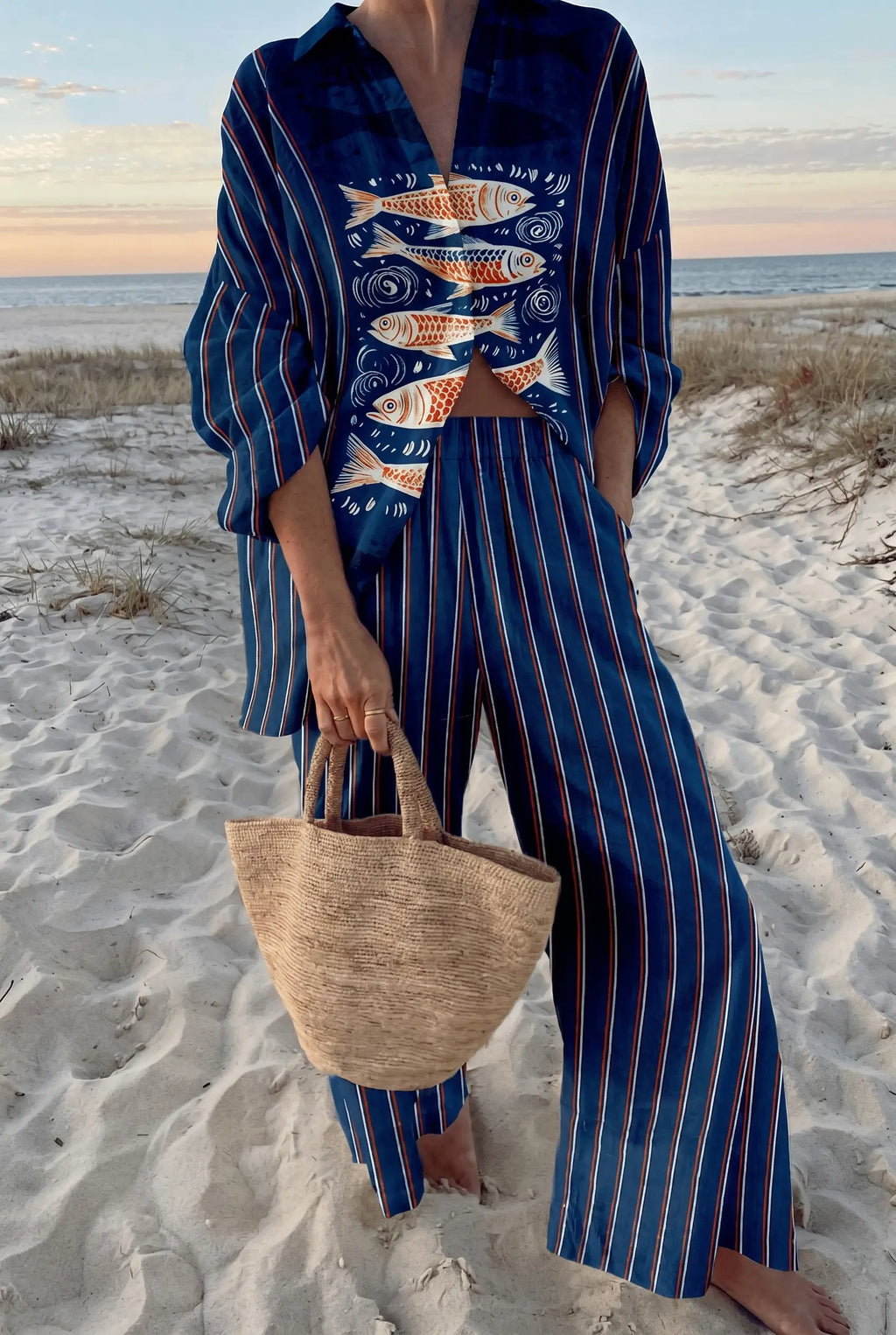 Marina | Women's Fish Print Trouser Set | Striped Wide Leg-Women Outfit Set-Pick NewYork