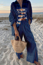 Marina | Women's Fish Print Trouser Set | Striped Wide Leg-Women Outfit Set-Pick NewYork