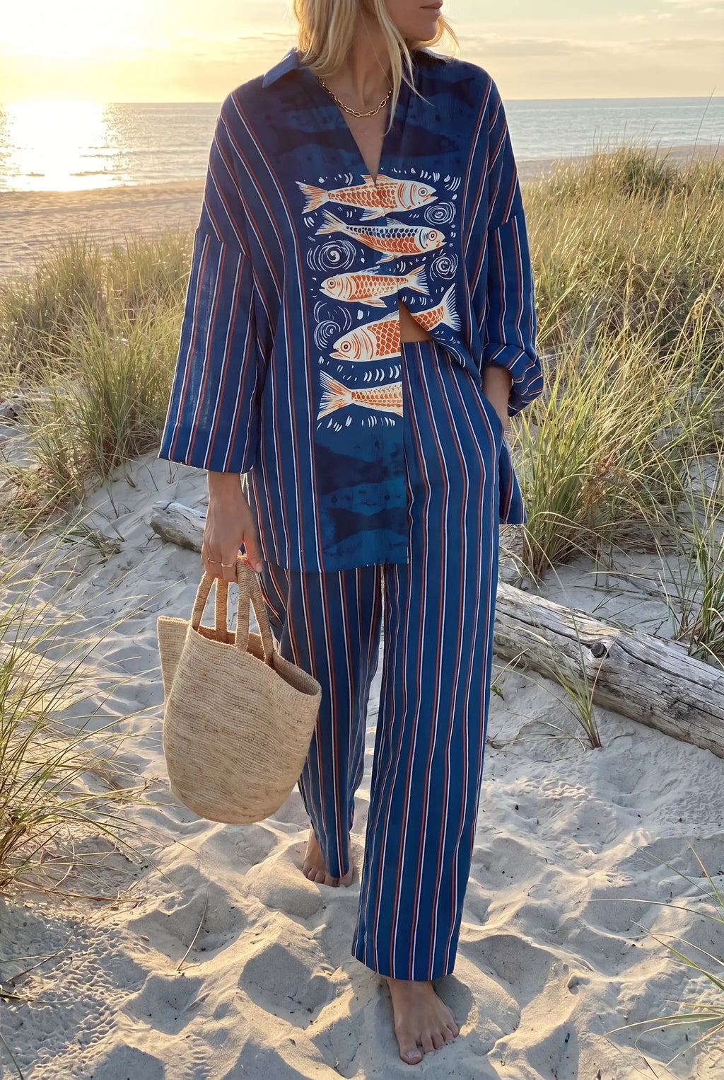Marina | Women's Fish Print Trouser Set | Striped Wide Leg-Women Outfit Set-Pick NewYork