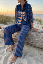 Marina | Women's Fish Print Trouser Set | Striped Wide Leg-Women Outfit Set-Pick NewYork