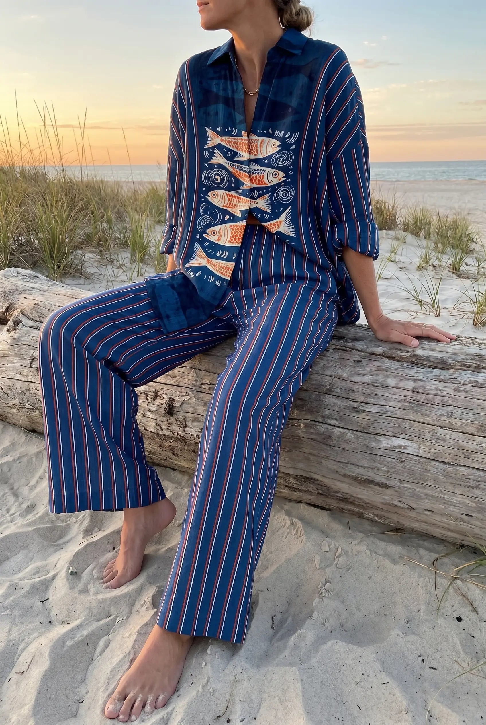 Marina | Women's Fish Print Trouser Set | Striped Wide Leg-Women Outfit Set-Pick NewYork
