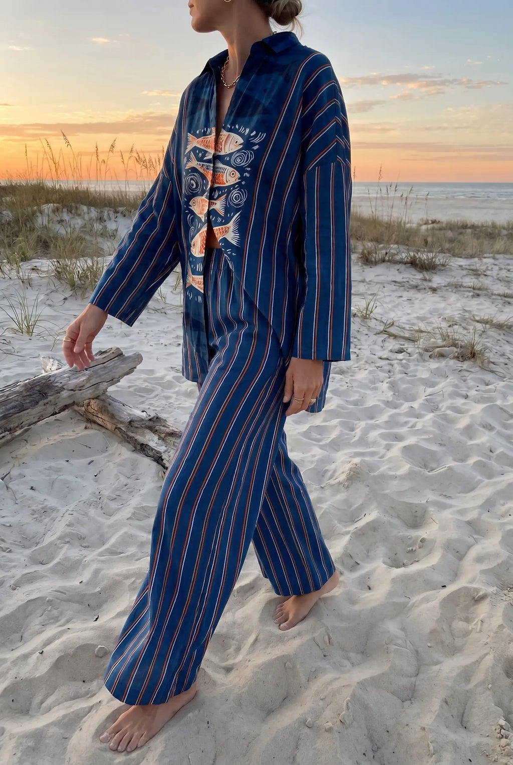 Marina | Women's Fish Print Trouser Set | Striped Wide Leg-Women Outfit Set-Pick NewYork