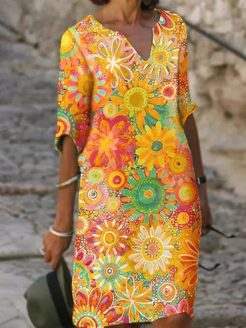 Marina | Women’s Floral Print Shift Dress | V Neck Holiday Wear-Women Dress-Pick NewYork