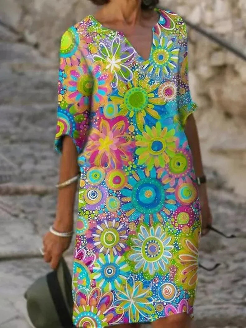 Marina | Women’s Floral Print Shift Dress | V Neck Holiday Wear-Women Dress-Pick NewYork