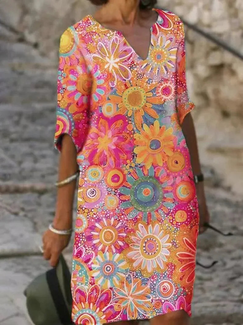 Marina | Women’s Floral Print Shift Dress | V Neck Holiday Wear-Women Dress-Pick NewYork