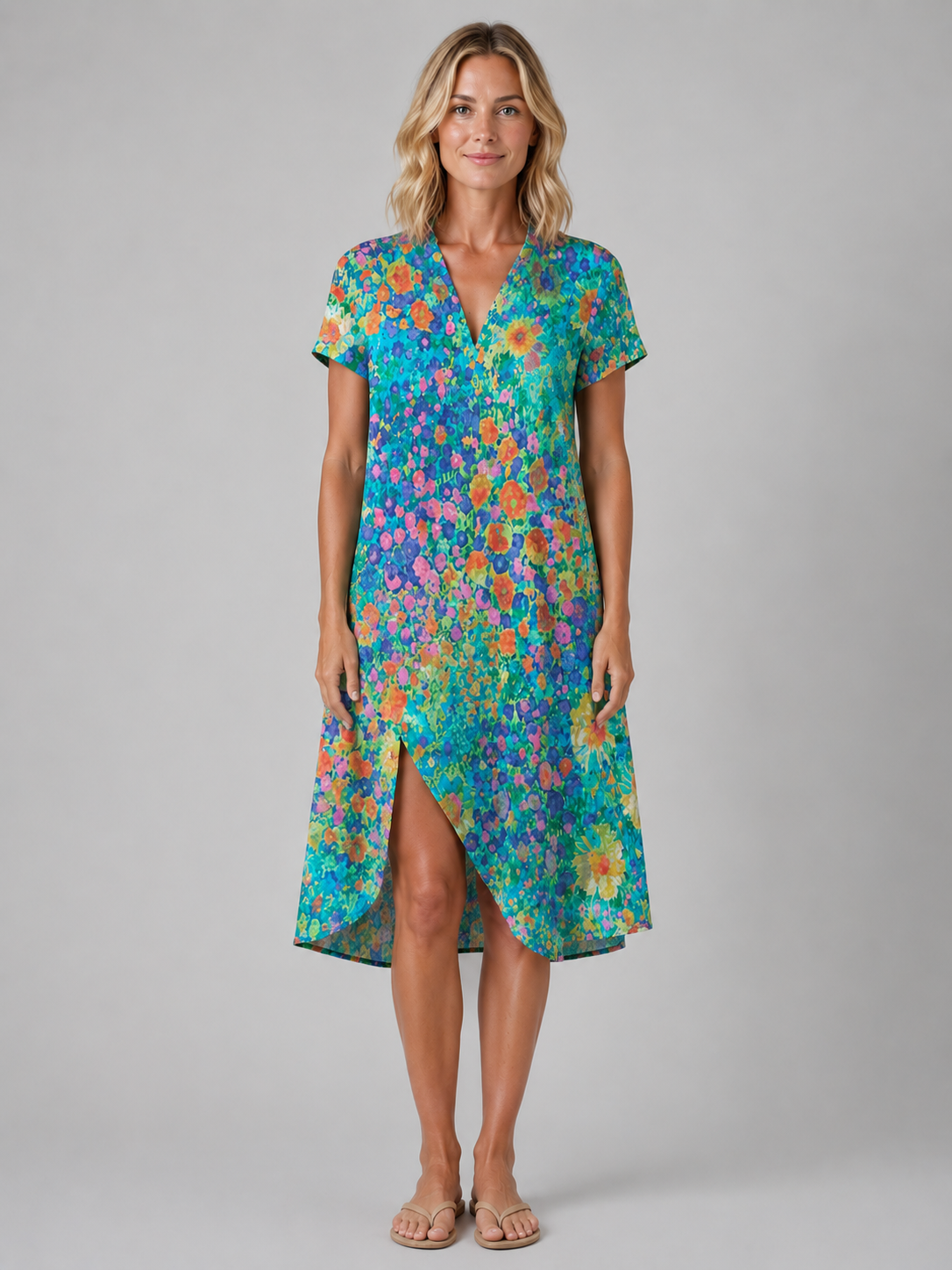 Meadow | Women's Floral Print Midi Dress | V Neck Front Slit-Women Dress-Pick NewYork