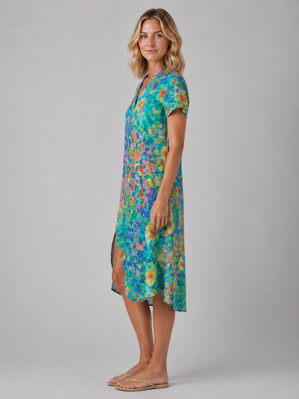 Meadow | Women's Floral Print Midi Dress | V Neck Front Slit-Women Dress-Pick NewYork