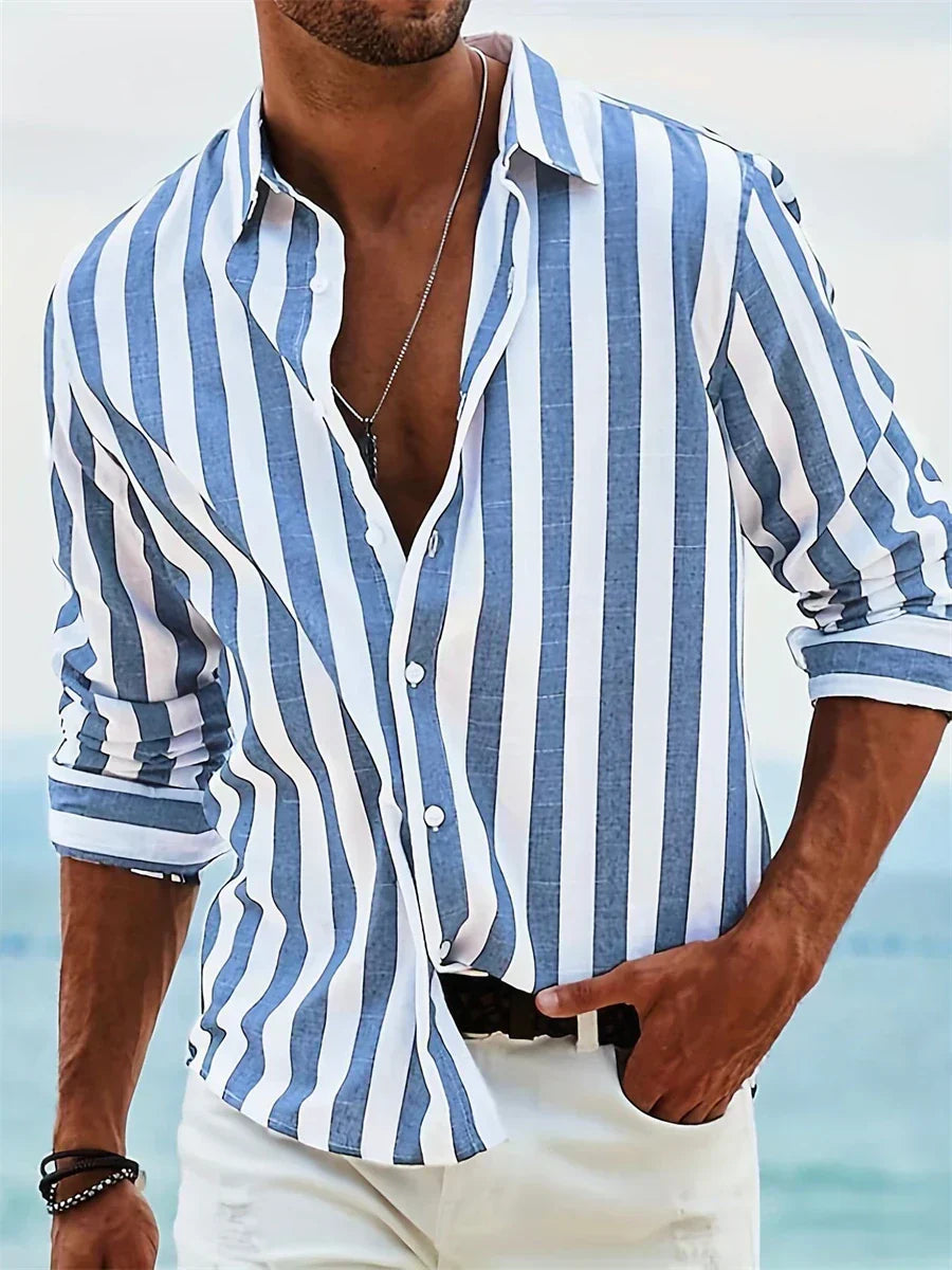 Nolan | Men’s Striped Button Front Shirt | Long Sleeve Collared Casual Wear-Men Shirt-Pick NewYork