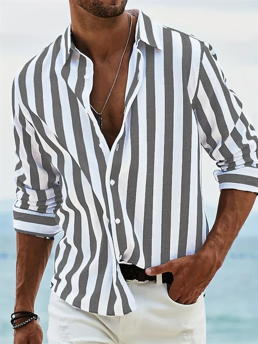 Nolan | Men’s Striped Button Front Shirt | Long Sleeve Collared Casual Wear-Men Shirt-Pick NewYork