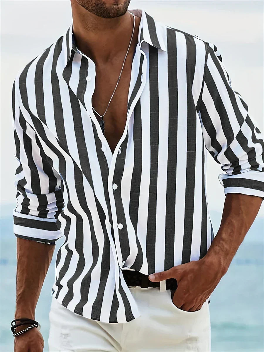 Nolan | Men’s Striped Button Front Shirt | Long Sleeve Collared Casual Wear-Men Shirt-Pick NewYork