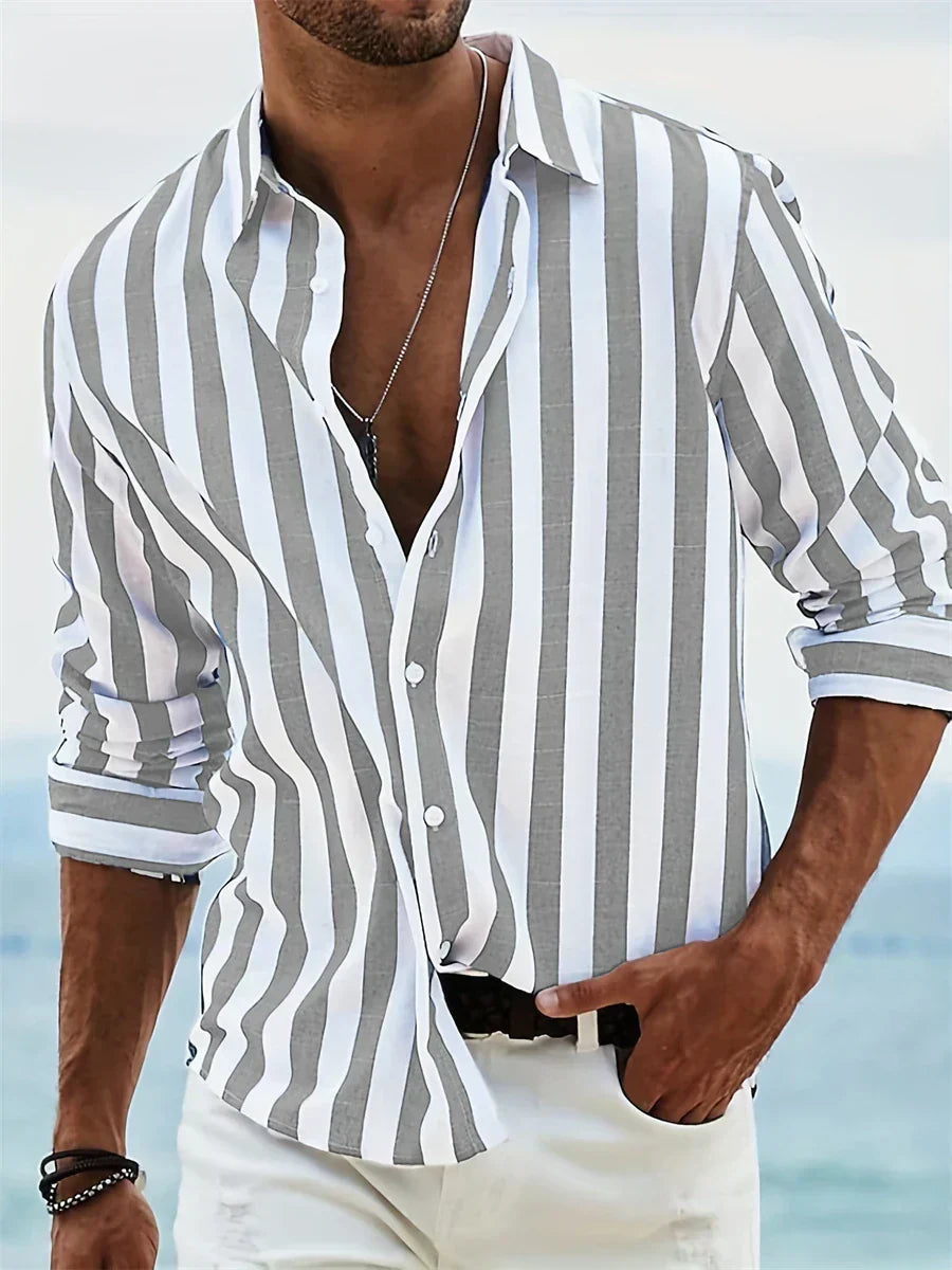 Nolan | Men’s Striped Button Front Shirt | Long Sleeve Collared Casual Wear-Men Shirt-Pick NewYork