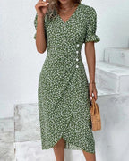 Olive | Women's Floral Print Wrap Dress | V Neck Button Front-Women Dress-Pick NewYork