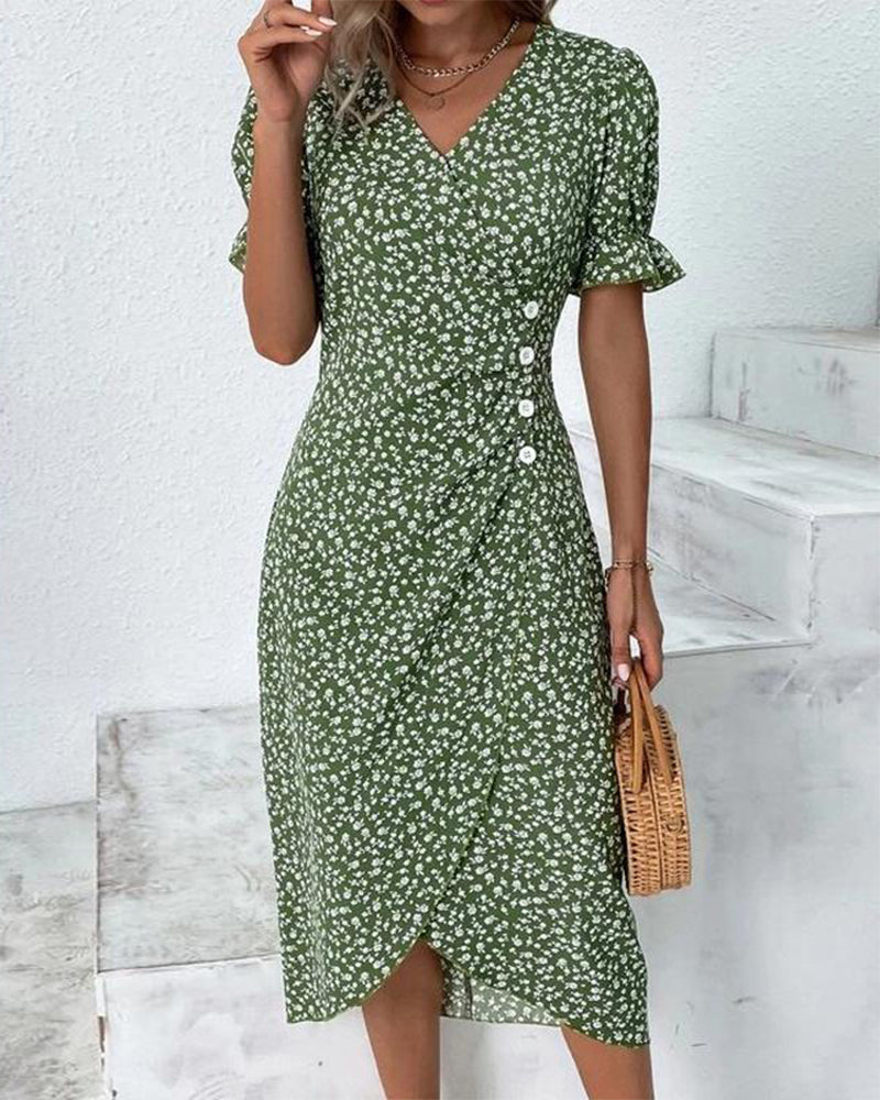 Olive | Women's Floral Print Wrap Dress | V Neck Button Front-Women Dress-Pick NewYork