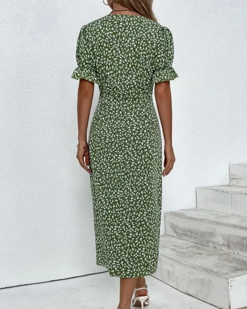 Olive | Women's Floral Print Wrap Dress | V Neck Button Front-Women Dress-Pick NewYork