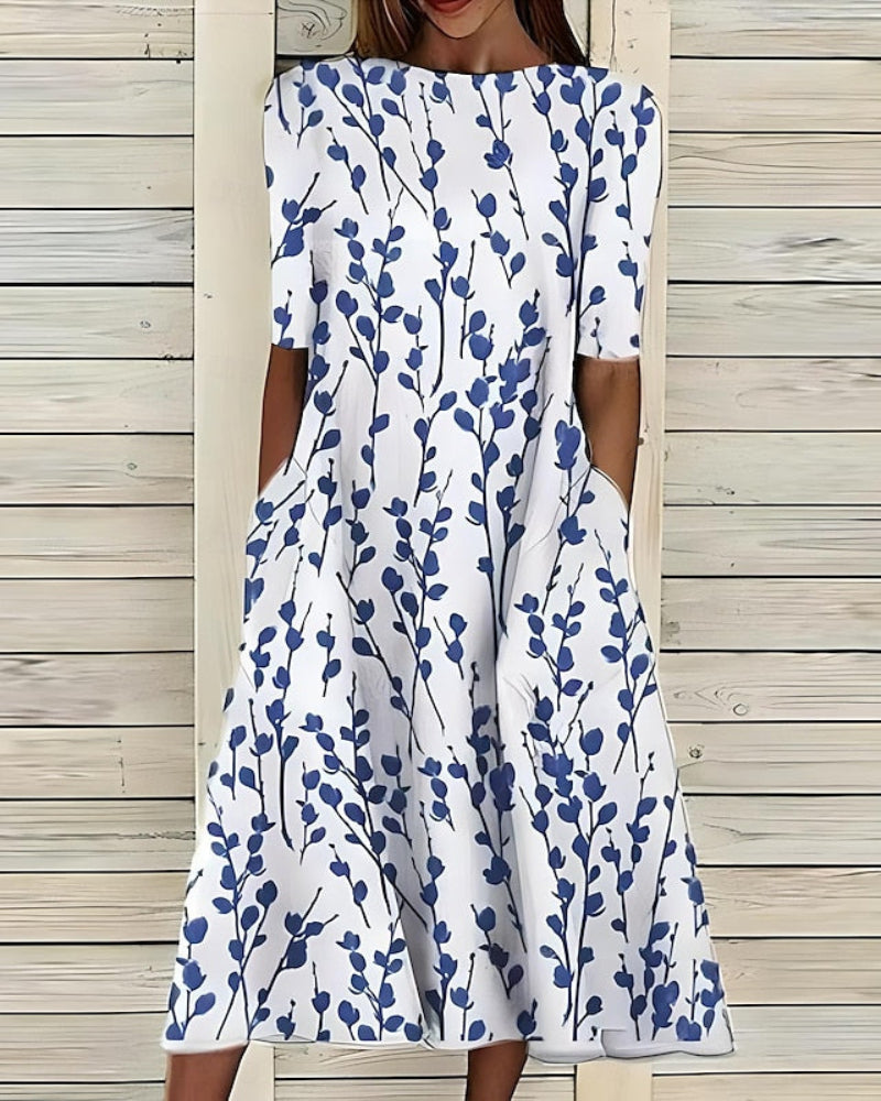 Olivia | Women's Floral Print Midi Dress | Round Neck Side Pockets-Women Dress-Pick NewYork