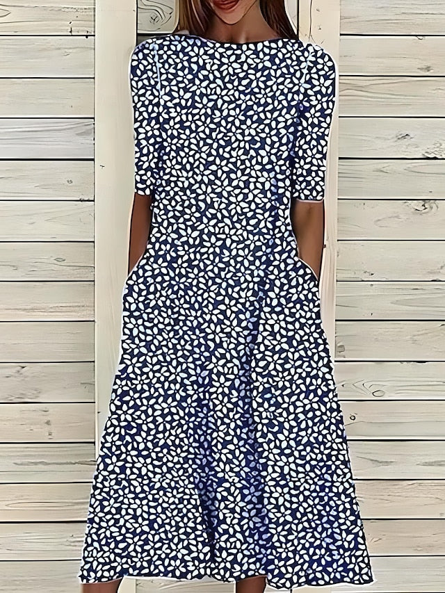 Olivia | Women's Floral Print Midi Dress | Round Neck Side Pockets-Women Dress-Pick NewYork