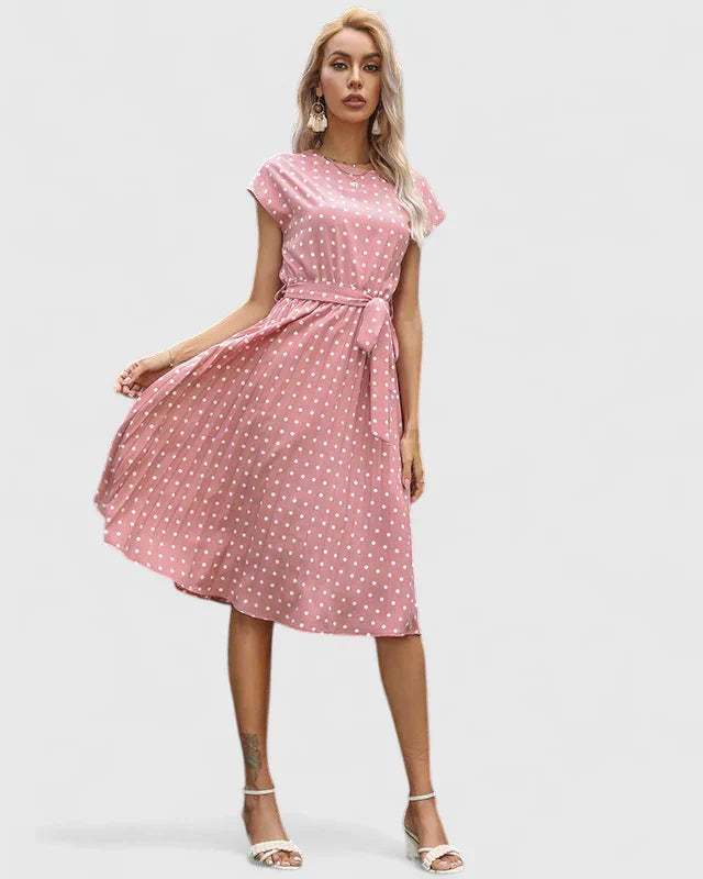 Penelope | Women’s Polka Dot Midi Dress | Cap Sleeve Tie Waist-Women Dress-Pick NewYork