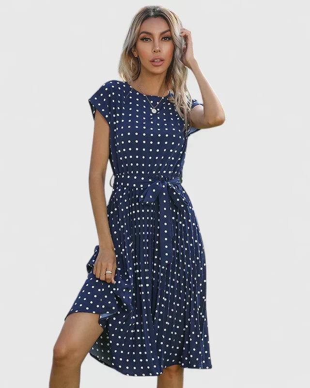Penelope | Women’s Polka Dot Midi Dress | Cap Sleeve Tie Waist-Women Dress-Pick NewYork