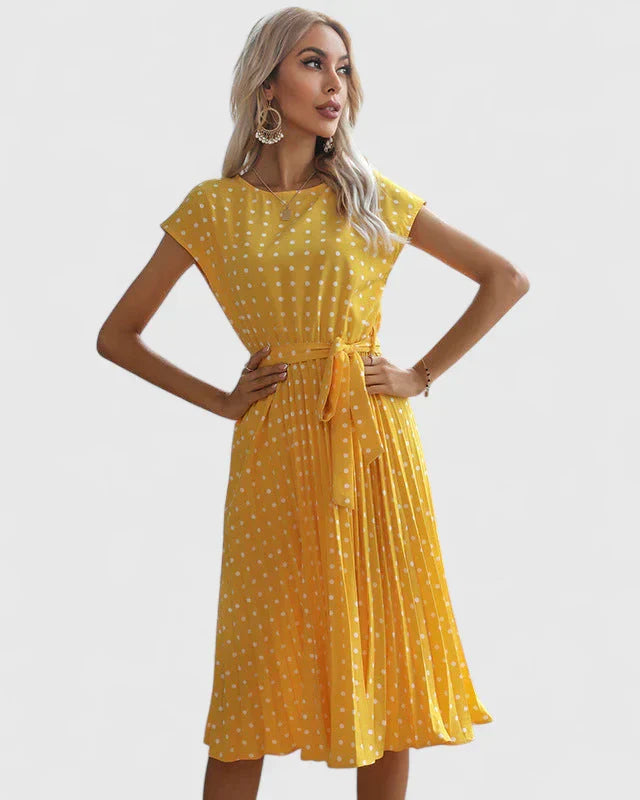 Penelope | Women’s Polka Dot Midi Dress | Cap Sleeve Tie Waist-Women Dress-Pick NewYork