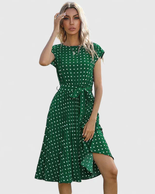 Penelope | Women’s Polka Dot Midi Dress | Cap Sleeve Tie Waist-Women Dress-Pick NewYork