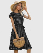 Penelope | Women’s Polka Dot Midi Dress | Cap Sleeve Tie Waist-Women Dress-Pick NewYork