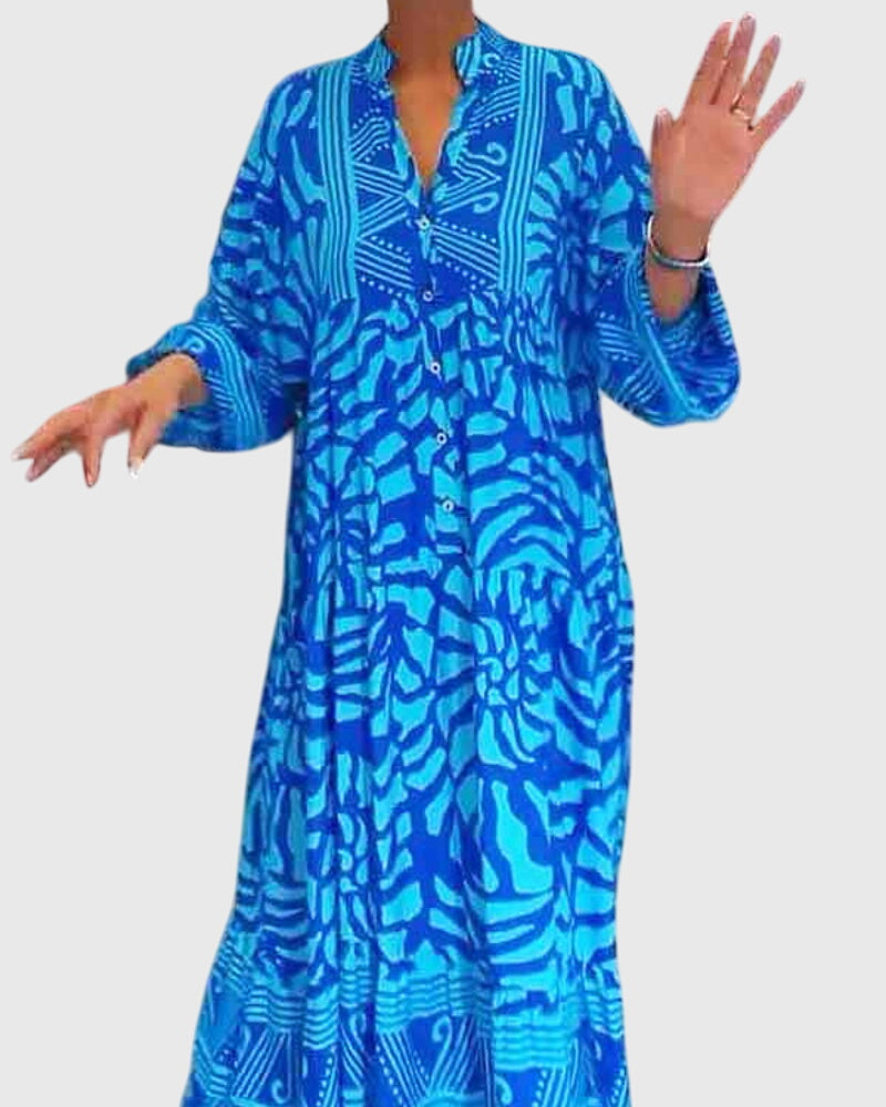 Phoebe | Women’s Printed Midi Dress | V Neck Long Sleeve-Women Dress-Pick NewYork