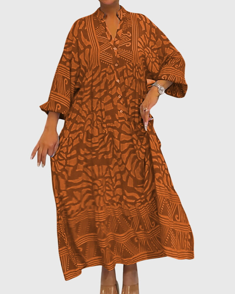 Phoebe | Women’s Printed Midi Dress | V Neck Long Sleeve-Women Dress-Pick NewYork