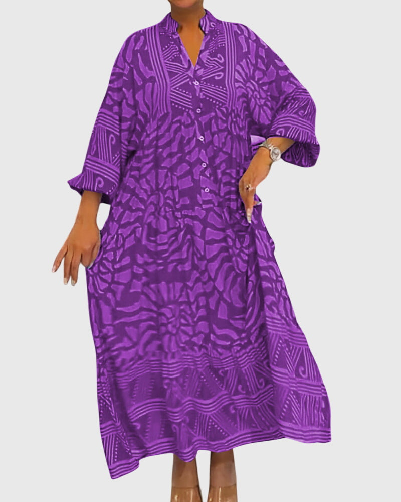 Phoebe | Women’s Printed Midi Dress | V Neck Long Sleeve-Women Dress-Pick NewYork