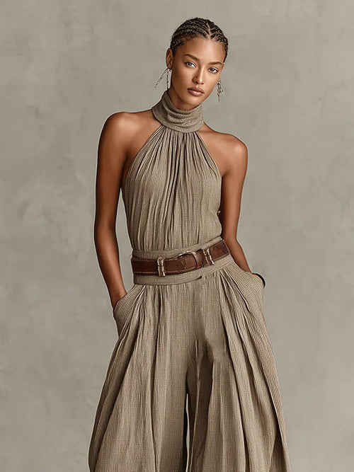 Aubrey | Women's Halter Wide-Leg Jumpsuit | Belted Waist · PNY