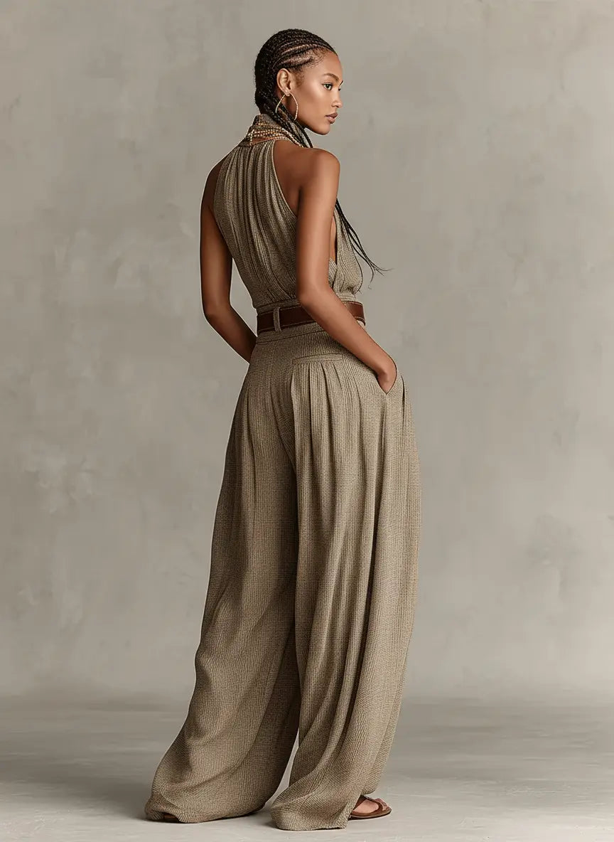 Aubrey | Women's Halter Wide-Leg Jumpsuit | Belted Waist · PNY