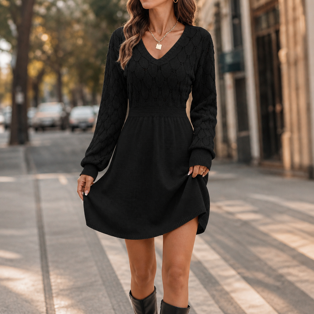 Charlotte | Women's V-Neck Sweater Dress | Pointelle Knit · PNY