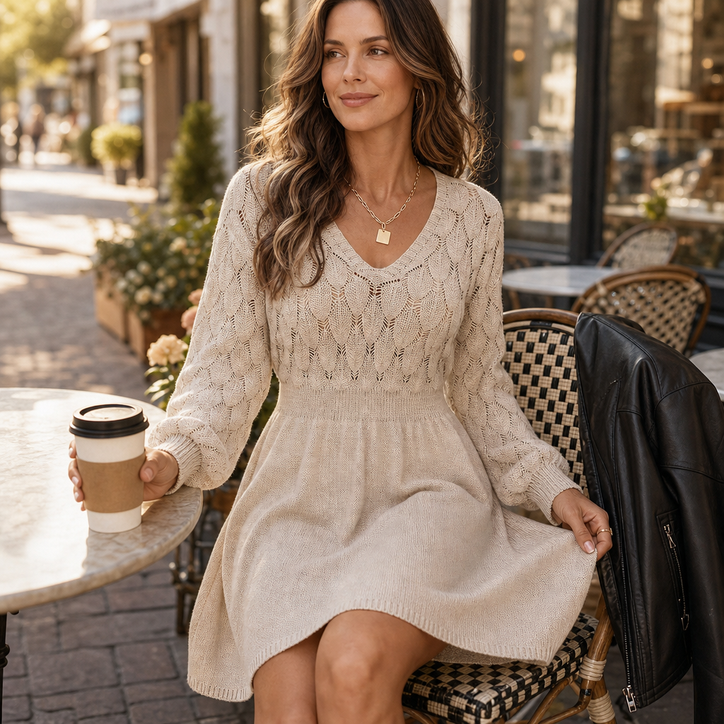 Charlotte | Women's V-Neck Sweater Dress | Pointelle Knit · PNY