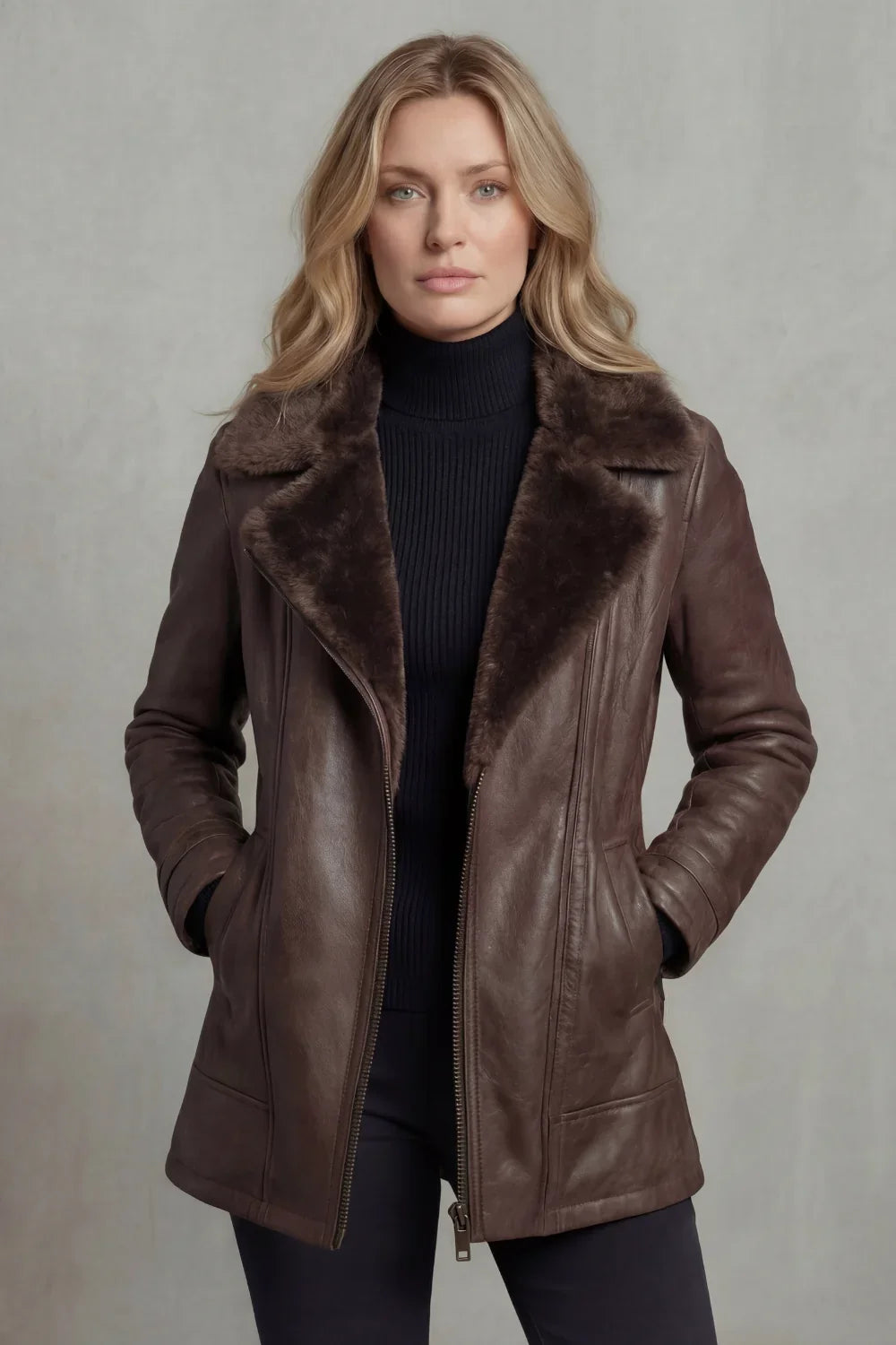 Charlotte | Women's Zip-Up Leather Jacket | Shearling Collar · PNY