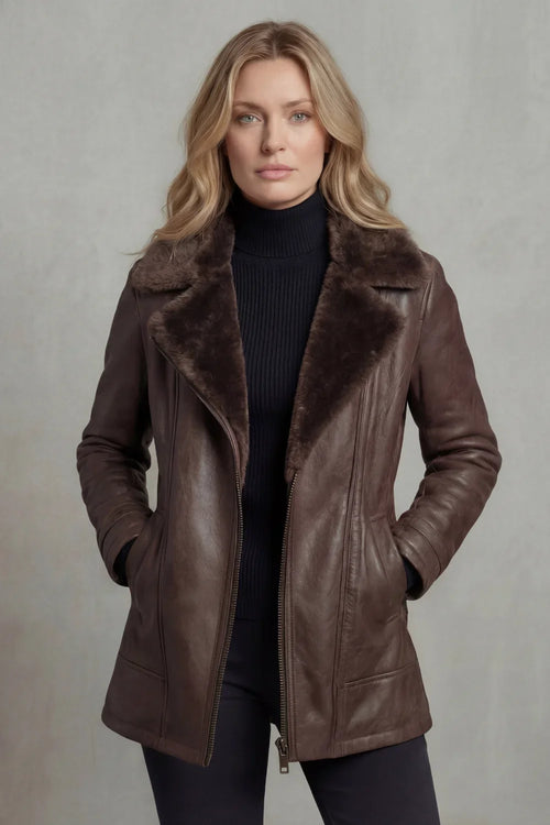 Charlotte | Women's Zip-Up Leather Jacket | Shearling Collar · PNY