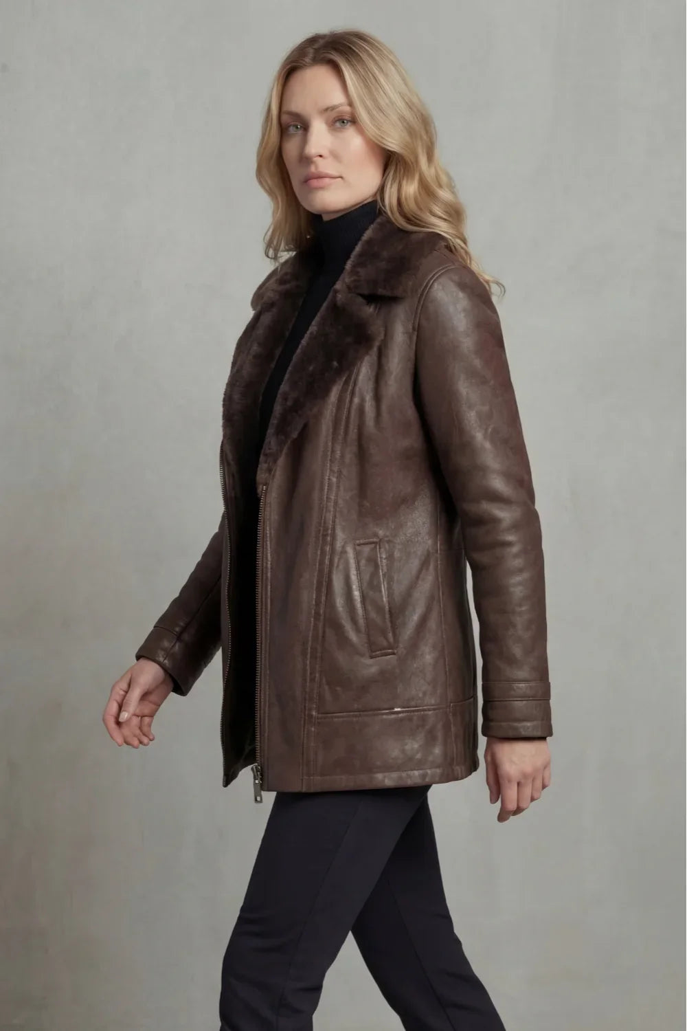 Charlotte | Women's Zip-Up Leather Jacket | Shearling Collar · PNY