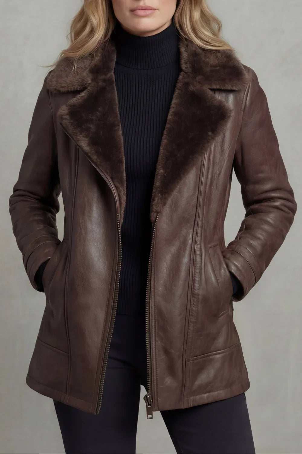 Charlotte | Women's Zip-Up Leather Jacket | Shearling Collar · PNY