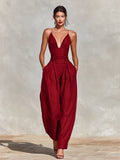 Clara | Damen High-Waist Leinen Wide-Leg Spaghetti-Träger Jumpsuit · PNY