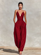 Clara | Damen High-Waist Leinen Wide-Leg Spaghetti-Träger Jumpsuit · PNY